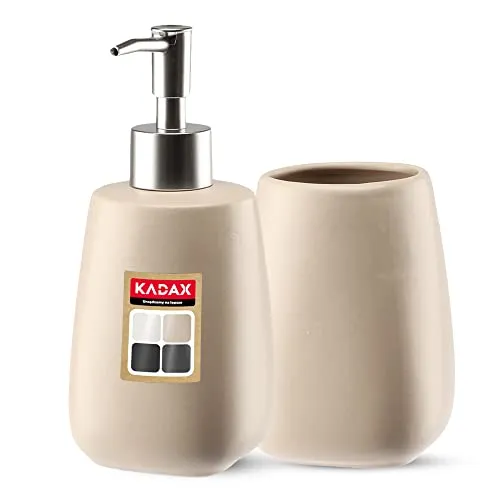 KADAX 2-teiliges Badezimmer Set aus Keramik, Badaccessoires, Badzubehör, Seifenspender, Badezimmerbecher, Seifenschale und WC-Bürste (Becher&Spender Beige)