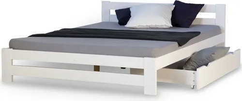 Homestyle4u Doppelbett 140x200 Weiß Kiefer mit Bettkasten - Schlichtes und zeitloses Holzbett aus massiver Kiefer mit praktischem Bettkasten für optimale Stauraumnutzung. Ideal für Schlafzimmer, Jugendzimmer oder Gästezimmer.