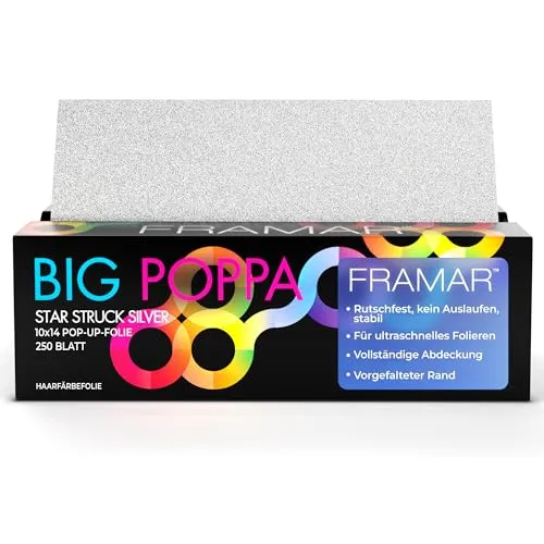 FRAMAR Silber Strähnenfolie – Hochwertige Alufolie für Friseure - Haarschneider – Langlebige, geräuscharme Pop-up Folie mit optimalem Halt, ideal für präzise Strähnentechniken und zeitsparendes Arbeiten.