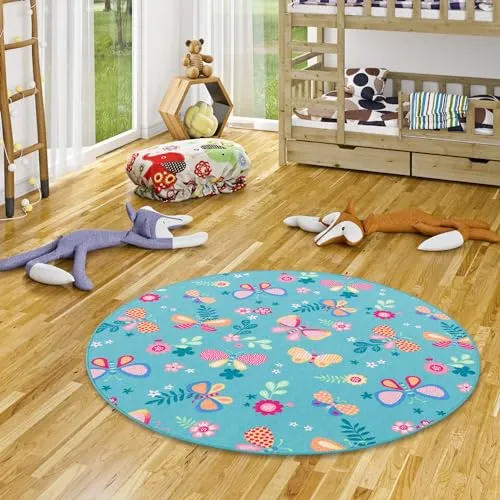 Snapstyle Kinder Spiel Teppich Schmetterling Türkis Rund in 7 Größen
