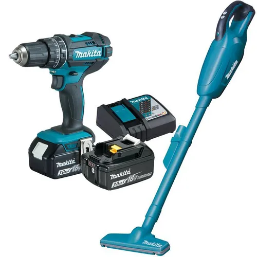 Makita Akku Kombo Kit 18V DLX2422 - Bohrschrauber & Staubsauger Set - Akkuschrauber und Staubsauger Set mit 2 leistungsstarken 3 Ah Akkus, ideal für vielseitige Anwendungen im Heimwerkerbereich.