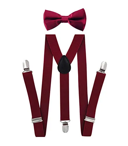 axy Jungen Hosenträger-Y Form 2,5cm breit mit Fliege - 3 Stabile Clips (Weinrot)