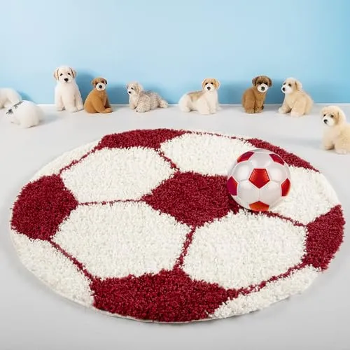 Teppium Kinderteppich Hochflor 120 cm Rund Rot - Fussball Teppich für Jungen und Mädchen, Extra Weich, Flauschig und 30 mm Florhöhe - Runder Teppiche fürs Kinderzimmer, Babyzimmer und Spielzimmer