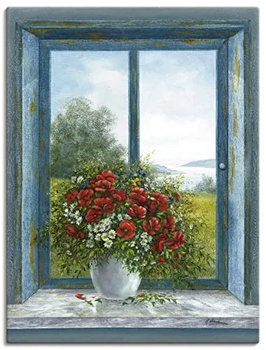 ARTLAND Wanddeko Leinwand Bilder Wandbild 60x80 cm Stillleben Arrangements Botanik Malerei Blau A6KK Mohnblumen am Fenster