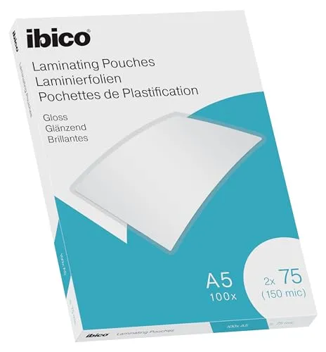 Ibico Laminierfolien A5 150 Mirkon (2 x 75 mic), 100 Stück, Glänzende Heißlaminierfolien, Abgerundete Ecken, Dünn und transparent, Kristallklar, Ideal für Büro oder Schule, 627314