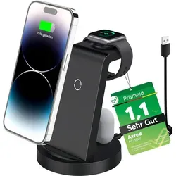 AXRED FC-18W 3-in-1 Wireless Charger Phone Stand Qi Induktive Ladestation Kabelloses Schnellladen Ladegerät Ständer Kompatibel mit Apple iPhone, ... - Schwarz