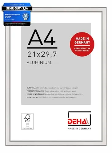 DEHA Design Bilderrahmen, 21 x 29,7 cm (A4), Aluminium, Silber glanz, Dokumentenrahmen zum Aufhängen im Hoch- & Querformat, bruchsicheres Kunstglas, Boston