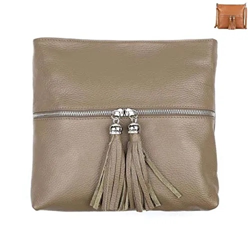 OBC Made in Italy Damen Leder Tasche Bodybag Schultertasche Crossover Umhängetasche Handtasche Ledertasche Damentasche Crossbody Taupe