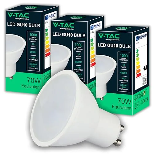 V-TAC 3 x GU10-10 W LED-Lampen, hohe Helligkeit (entspricht 70 W) – 1000 Lumen – LED-Spot GU10 für maximale Effizienz und Energieeinsparung – Kaltweiß 6500 K