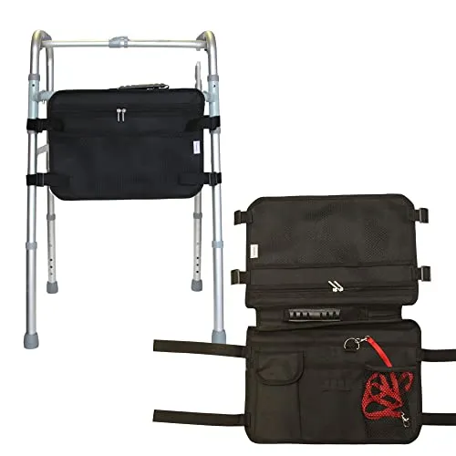 SENIORI Gehhilfe Tasche Tragbarer Organizer für Gehrahme Walker 9 Fächer Groß Doppelt (2. Schwarz/II)