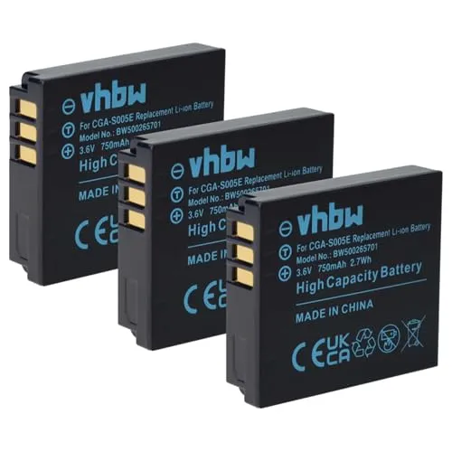 vhbw 3X Akku kompatibel mit Panasonic Lumix DMC-FX9, DMC-FX8, DMC-FX50, DMC-LX1, DMC-LX2, DMC-FX3 Kamera (750 mAh, 3,6 V, Li-Ion)