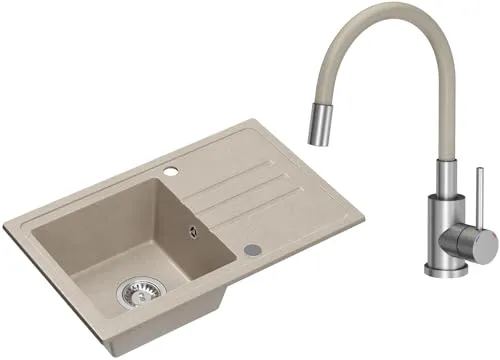 VBChome Spülbecken Granit Beige mit Armatur 70 x 44 cm Einzelbecken Einbauspüle Gesprenkelt Reversibel Granitspüle Siphon Waschbecken Beige Armatur mit Flexiblem Auslauf
