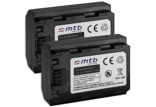 mtb more energy 2x Akku für Sony NP-FZ100 - Kamera-Akkus, 2 leistungsstarke Li-Ion Akkus mit 2040 mAh für längere Foto-Sessions ohne Unterbrechung.