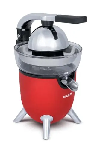 BIGBEN JC1R Elektrische Zitruspresse, 2 Kegel, Edelstahlfilter und tropffreier Auslauf, einfache Reinigung, Rot