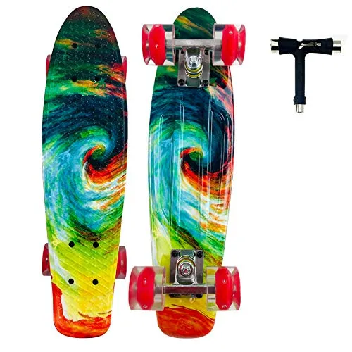 Sumeber Mini Cruiser Skateboard Komplette 22 Zoll Mit LED Leuchtrollen für Erwachsene Kinder Anfänger Geburtstagsgeschenk (Color Swirl)