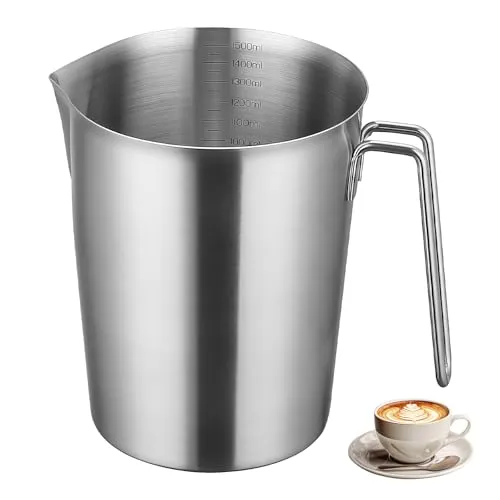 Messbecher Edelstahl 1500 ML, Milchkännchen Messkanne Mit Maßeinheiten & Griff, Edelstahlmessbecher Mit Ausgießlippe, Handheld AufschäU.Kännchen Für Milk Kaffee Latte Cappuccino