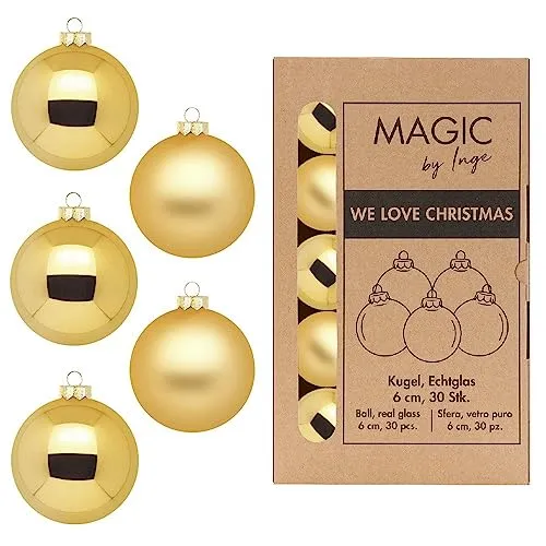 Kugel Inkagold - WE Love Christmas - Magic by Inge - 30 Stück / 6cm - Schöne Weihnachtsbaumkugeln aus Glas in Gold, Durchmesser ca. 6 cm. Perfekt für festliche Dekorationen und harmonische Kombinationen mit anderen Farben. Kommt in einer praktischen Kartonbox zur Aufbewahrung.