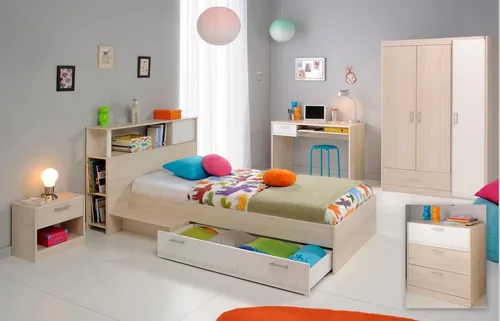 Kinderzimmer Charly, 6-tlg. - Akazie / Weiß - Vielseitiges Jugendzimmer-Set mit praktischem Stauraum und modernem Design, inkl. Bett, Kleiderschrank und Schreibtisch für optimale Nutzung.