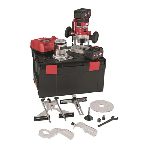 Flex Akku Kanten- und Oberfräse 18 V - CER 18.0-EC/5.0 Set - Schleifmaschinen, leistungsstark mit 2x 5,0 Ah Akkus für kabellosen Einsatz und hohe Flexibilität in der Holzverarbeitung.