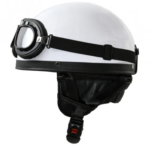 ATO Oldtimer Motorradhelm mit Fliegerbrille - Weiß, Größe M (57-58cm) - Halbhelm mit hochwertiger Kunststoffschale und EPS Innenschale für optimale Sicherheit. Praktischer Klickverschluss und Brillenschlaufe bieten zusätzlichen Komfort.