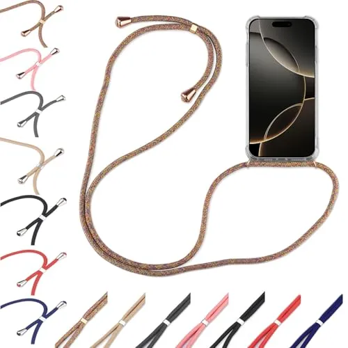 Hülle Kompatibel mit Apple iPhone 16 | Handykette Smartphone Halskette Hülle mit Band | Handyhülle mit Kordel zum Umhängen Kompatibel für iPhone 16 | Rainbow