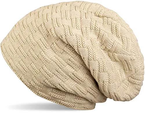 styleBREAKER Feinstrick Longbeanie Mütze mit Flecht Muster und warmem Fleece Innenfutter | Winter Strickmütze Unisex elastisch weich bequem warm, Farbe:Elfenbein