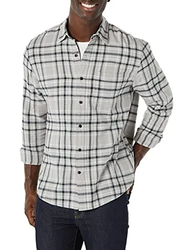 Amazon Essentials Herren Langarm-Flanellhemd, Schwarz Hellgrau Karomuster, L