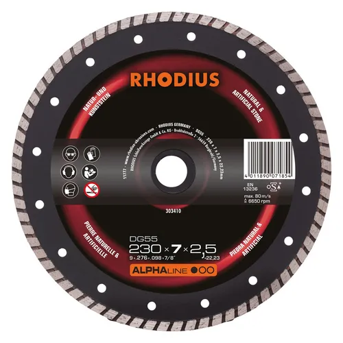 Rhodius DG55 303410 Diamanttrennscheibe - Trennscheiben für Naturstein, bestens geeignet für Winkelschleifer, bietet hohe Schnittleistung und Langlebigkeit für präzise Ergebnisse.