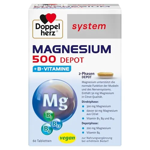 Doppelherz system Magnesium 500 Depot – Hochdosiertes Magnesium als Beitrag zur normalen Muskelfunktion – 60 Tabletten