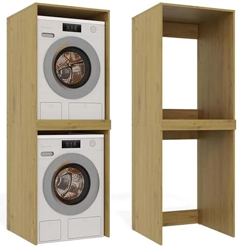 BDW Waschmaschinenschrank für Waschmaschine & Wäschetrockner Pola Twin, 180x64x64 cm, Badezimmerschrank Hoch, Badezimmer Möbel, Trockner, Eiche Artisan