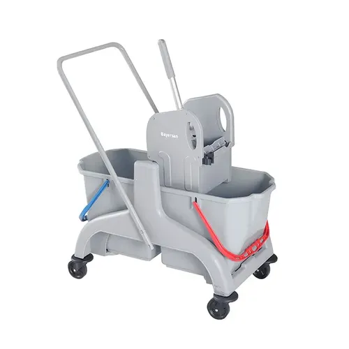 Reinigungswagen Bayersan Profi PE Kunststoff 2x25 L Doppelfahrwagen mit Metall-Deichsel grau, Presse und 2 Eimer SCPEC50D