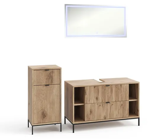 Vicco Badmöbel-Set Eliza, 100 cm, Viking Oak - Modernes Badmöbel-Set mit Waschbeckenunterschrank, Spiegelschrank und Midischrank. Hochwertige Verarbeitung und elegantes Design sorgen für eine stilvolle Atmosphäre und optimalen Stauraum für Ihre Pflegeprodukte.