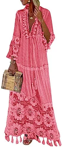 shownicer Langes Kleid Damen 3/4 Ärmel Floral Spitzenkleid Sommerkleider V-Ausschnitt Strandkleid Boho Vintage Party Maxikleid Rosa XXL
