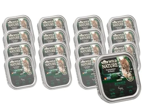 Dehner Wild Nature Katzenfutter Auwald, Nassfutter getreidefrei, für ausgewachsene Katzen, Hirsch / Truthahn, 16 x 100 g Schale (1.6 kg)