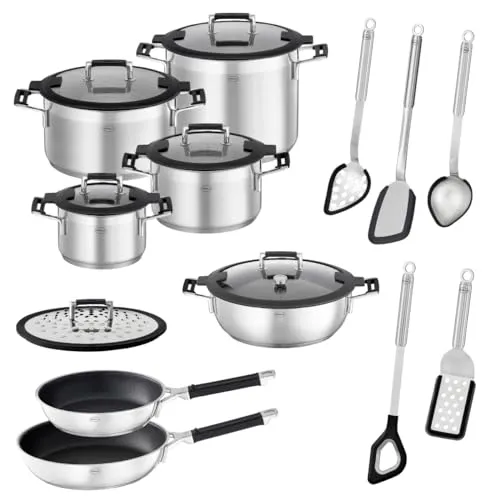 RÖSLE Silence® Pro Topfset 13tlg - 13-teiliges Kochtopfset aus Edelstahl 18/10 mit innovativem Spritzschutz-Deckel für sauberes Kochen. Ideal für alle Herdarten und spülmaschinengeeignet.