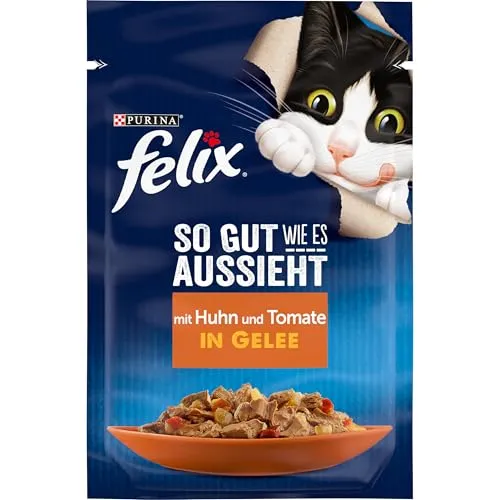 FELIX So gut wie es aussieht Katzenfutter in Gelee mit Huhn & Tomate, 26er Pack - Dosenfutter für Katzen: 100% ausgewogene Mahlzeit mit zarten Stückchen, reich an Vitaminen und Omega-6-Fettsäuren für ein gesundes Katzenleben.