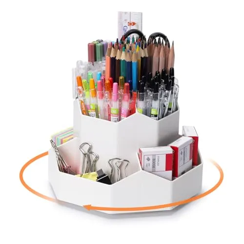 FRETONBA Drehbarer Stiftehalter - 360 Rotierende Große Kapazitätstifte Organizer,Stiftehalter Kinder mit 9 Fächer für Schreibtisch,Büro,Schule,Familie（Weiß