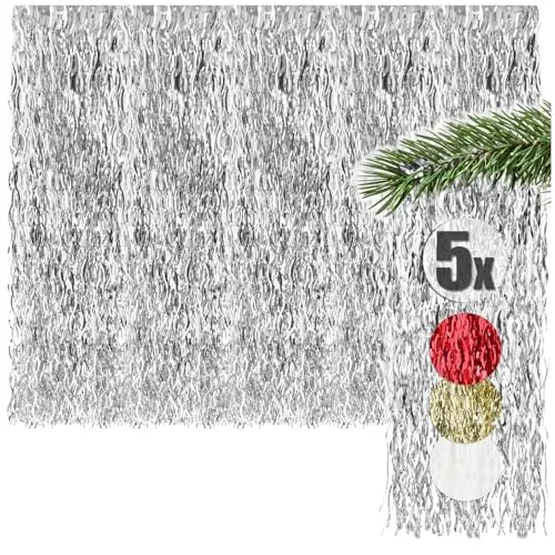 com-four® 5X Lametta - silberfarbene Lametta Girlande für Weihnachten - Christbaumschmuck für den Tannenbaum - Lametta-Vorhang mit welligen Fäden (silberfarben - 05 Stück)