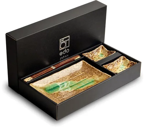 WESTCRAFT Orientalisches Sushi Teller Set | 6-teiliges Set für 2 Personen - Sushiteller Set - Elegantes, japanisches Geschirrset mit 2 rechteckigen Tellern, 2 Schalen und 2 Essstäbchen, ideal für einen stilvollen Sushi-Abend und multifunktional nutzbar.