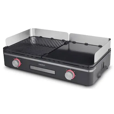 MEDION Elektro Tischgrill MD12027 mit Dual-Zonen-System - Grill & Braten mit 2400 Watt, individuelle Temperaturregelung und IPX4-Schutz. Perfekt für Balkon und Garten, mit abnehmbaren Platten für einfache Reinigung.