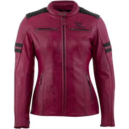 Damen Retro Motorrad Leder Jacke 42 - Rusty Stitches Joyce v2 - Motorradjacke in cherry-schwarz, atmungsaktiv und winddicht mit herausnehmbaren Protektoren für optimalen Schutz und Komfort.