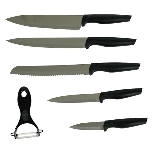 axentia 6-teiliges Messerset – Edelstahlklingen mit Kunststoffgriff in Schwarz, inkl. Geschenkverpackung – Kochmesser, Brotmesser, Fleischmesser, Universalmesser, Schälmesser, Sparschäler