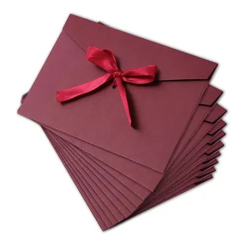 TUONYIS 10 Stück Schöne Briefumschläge, Kraftpapier Umschläge mit Schleife, Retro Vintage Kraft Kuvert Briefkuvert Briefhülle für Weihnachten Geburtstag Valentinstag Hochzeit Geschenk Karten (Rot)