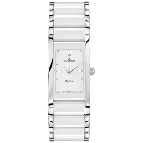 Dugena Damen Quarz-Armbanduhr Quadra Ceramica - Elegante Keramikuhr für Damen mit kratzfestem Gehäuse und silbernem Edelstahlrahmen, ideal für jeden Anlass. Wasserdicht bis 3 bar und mit gut ablesbarem Ziffernblatt.