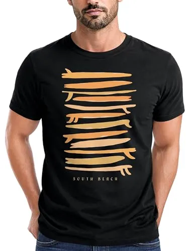 Neverless® Herren T-Shirt Surfboards South Beach California USA Sommer Surfing Fashion Streetstyle Schwarz-gelb 4XL