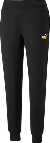 PUMA Damen ESS+ Metallic Pants FL Strickhose, Schwarz-gold - Kurze Sporthosen mit stylischem PUMA No1-Logo in Metallic-Print, ideal für sportliche Aktivitäten und einen modischen Look.