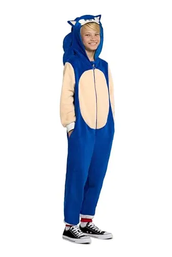 Opposuits Sonic The Hedgehog Kinderkostüm - Hollywood-Kostüm als Sonic Onesie mit Kapuze, gemütlichem Fleece und zwei praktischen Seitentaschen – perfekt für schnelle Abenteuer!