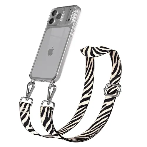 EAZY CASE Handykette - Verstellbares Taschenband kompatibel mit iPhone 17 Pro Max, Schulterriemen, Handykordel mit Silikon Hülle, Umhängetasche, Zebra - Schwarz Beige Silber