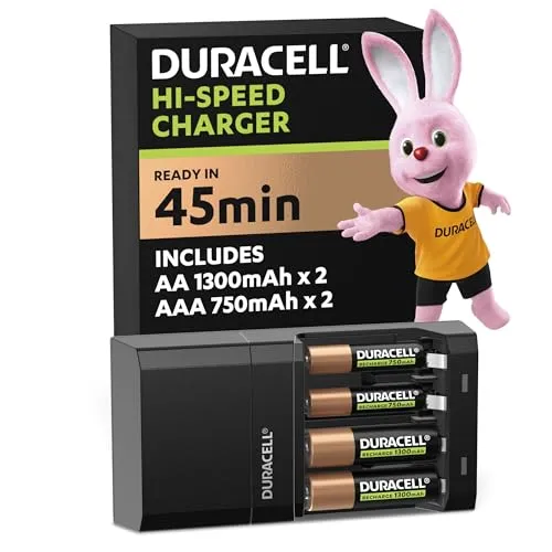 DURACELL Hi-Speed Akku-Schnellladegerät inkl. Akkus - Batterien - Super schnelles Laden in nur 45 Minuten mit automatischer Abschaltung für Sicherheit und Langlebigkeit der Akkus.