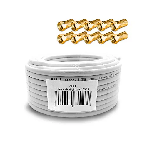ARLI 20m Koaxialkabel – max. 135 dB 5-fach geschirmt UV-beständig + 10x F-Stecker vergoldet mit breiter Mutter & Dichtring für DVB-S DVB-T2 4K HDTV